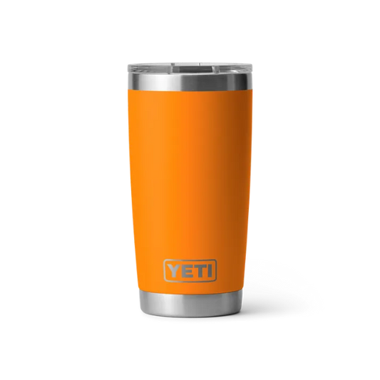 Orange YETI tumbler with a silver lid on a white background. Yeti Drinkware available at Kustom Workwear.