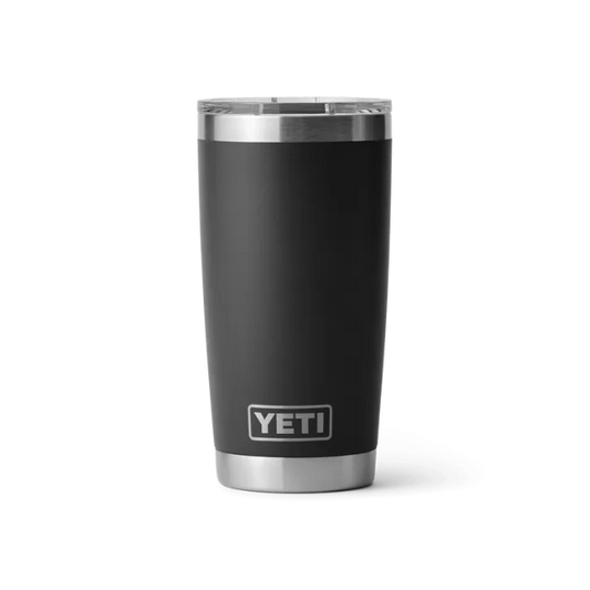 Black YETI tumbler with silver rim on a white background. Yeti Drinkware available at Kustom Workwear.