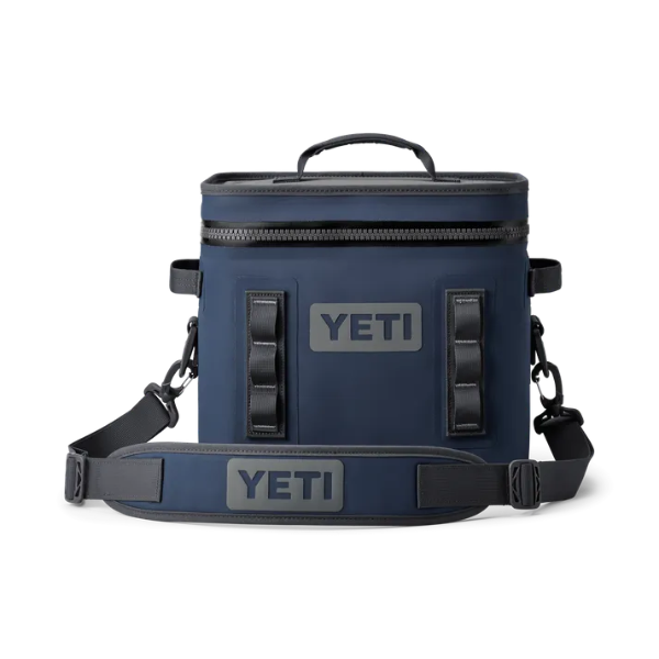 Navy Yeti cooler back with strap and black zip against a white background. Available at Kustom Workwear.
