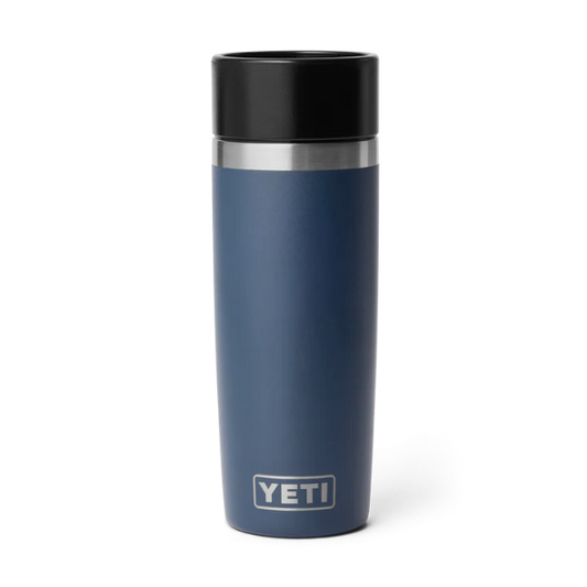 Blue YETI mug with a black lid on a white background. Available at Kustom Workwear.