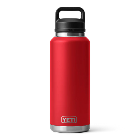 Red YETI water bottle with black lid on a white background. Available at Kustom Workwear.