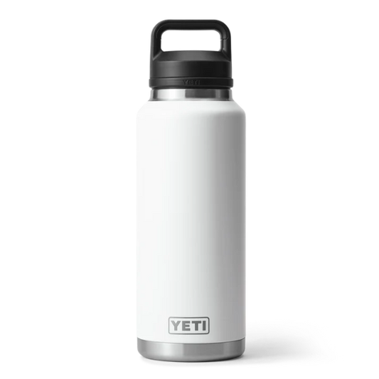 White YETI water bottle with black lid on a white background. Available at Kustom Workwear.