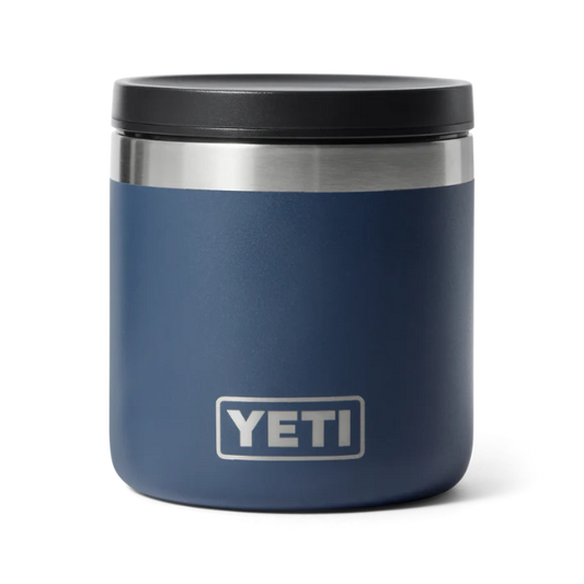 Blue YETI insulated container with black lid on a white background. Available at Kustom Workwear.