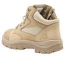 Beige boot with a wolf logo on a white background.