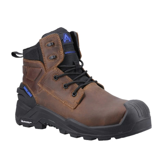 Amblers 980C Crusader S7L waterproof safety boot in brown shown in an angled front view on a white background.