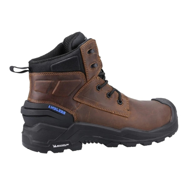 Amblers 980C Crusader S7L waterproof safety boot in brown shown in a full rear view on a white background.