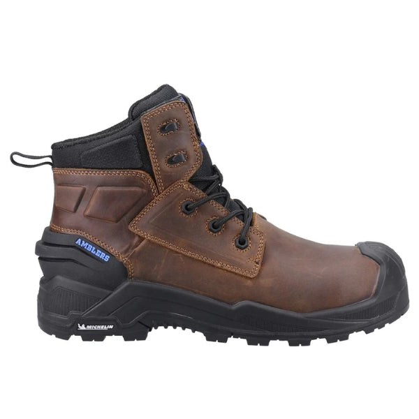 Amblers 980C Crusader S7L waterproof safety boot in brown shown in a full side profile view on a white background.