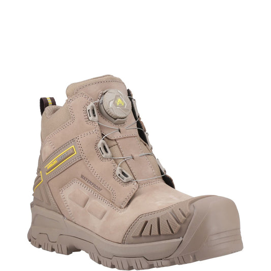 Angled front view of Amblers AS966C tan work boots showing composite toe, waterproof upper and rugged sole