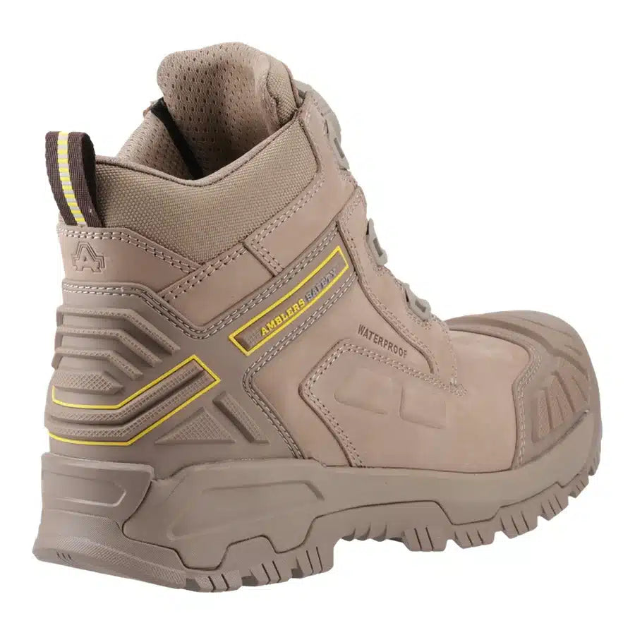 Rear angle view of Amblers AS966C tan boots featuring padded collar, heel support and durable outsole