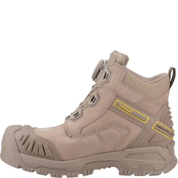 Side view of Amblers AS966C tan work boots highlighting supportive structure and slip resistant outsole design