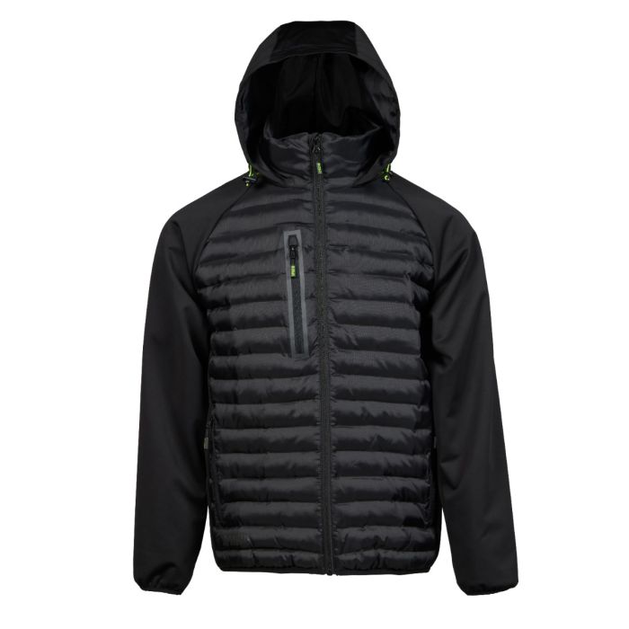 Apache Ashcroft Hybrid Work Jacket front view with foldaway hood raised on a white background