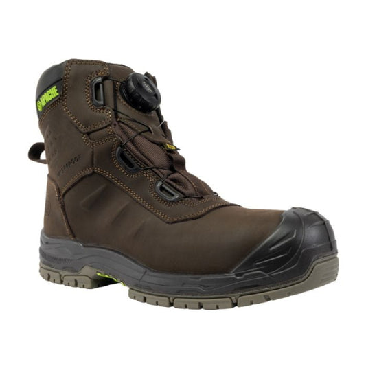 Front view of the Apache Churchill brown safety boot featuring a pull‑on dealer design, smooth leather upper, elasticated side panels and reinforced steel toe protection, photographed on a white background.
