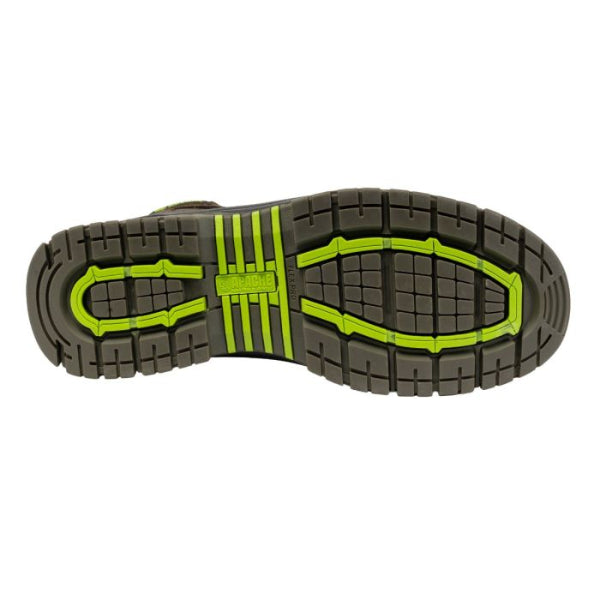 Sole view of the Apache Churchill safety boot displaying the slip‑resistant outsole designed to provide grip and stability on concrete, yard and site surfaces, photographed on a white background.