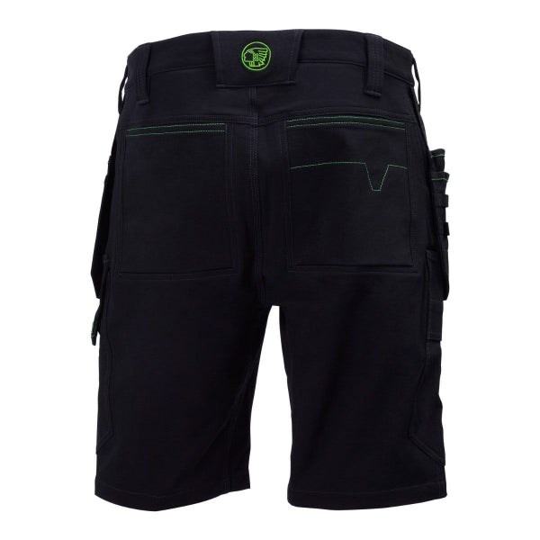 Detail view of the Apache Whistler 4-Way Stretch Shorts in black, showing the inset rear pocket and stretch fabric construction.