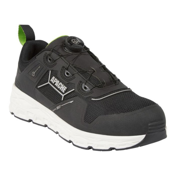 Black Apache Industrial Workwear safety shoe with white sole on a white background. Available at Kustom Workwear.
