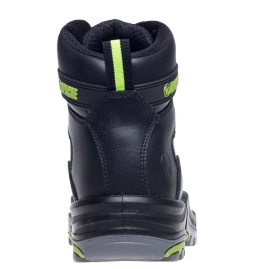 Black boot with green accents on a white background. Available at Kustom Workwear.