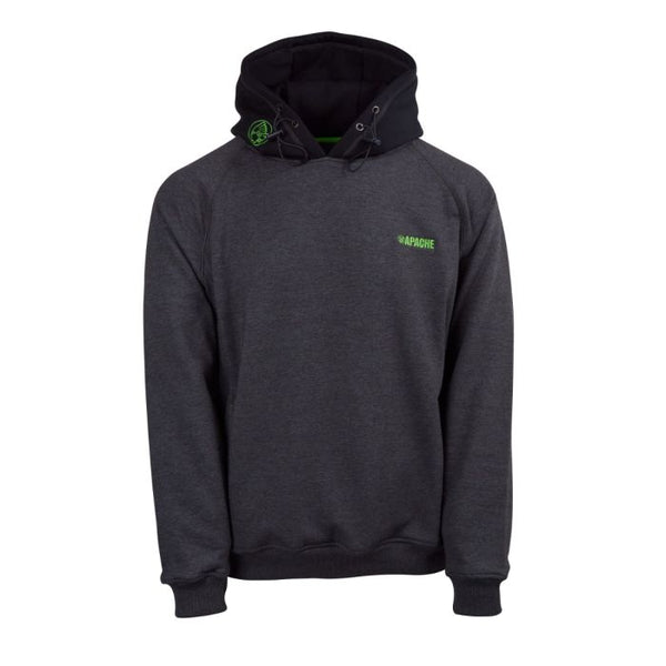 Dark gray hoodie with green Apache Workwear logo on a white background. Available at Kustom Workwear.