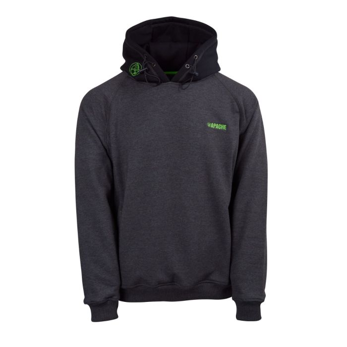 Dark gray hoodie with green Apache Workwear logo on a white background. Available at Kustom Workwear.