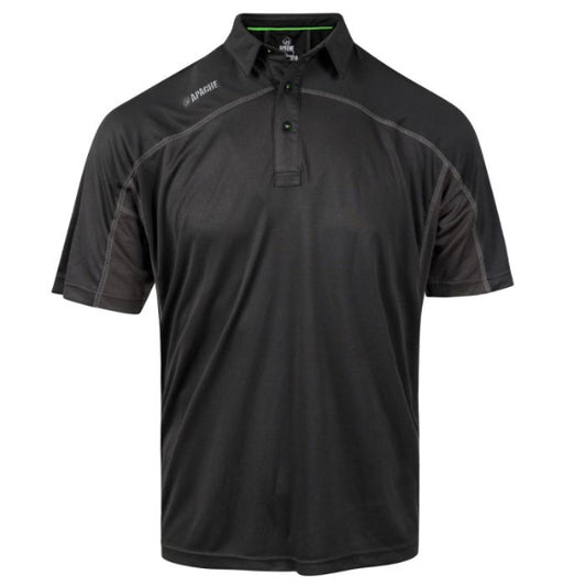 Black Apache polo shirt with gray accents on a white background. Available at Kustom Workwear.