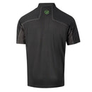 Black Apache short-sleeve shirt with a logo on the upper neck against a white background. Available at Kustom Workwear.
