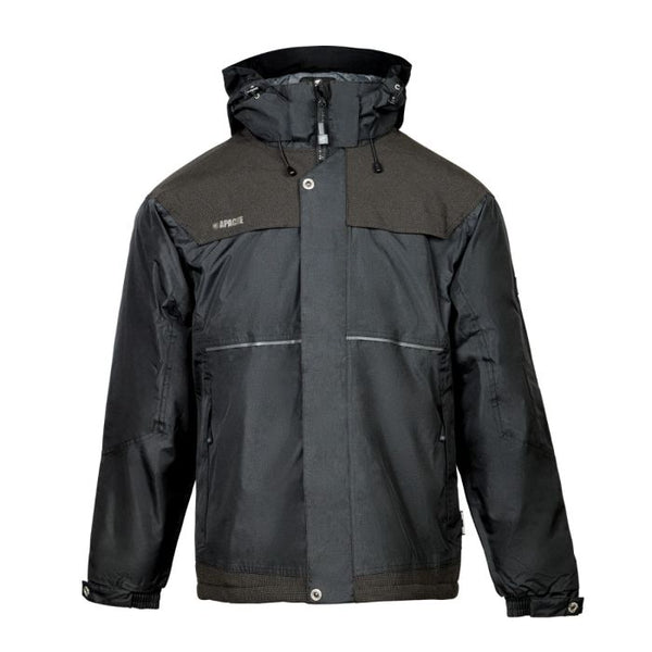 Black Apache Workwear raincoat with a hood on a white background. Available at Kustom Workwear.