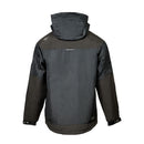 Back view of a black and gray Apache Workwear rainproof jacket on a white background. Available at Kustom Workwear.