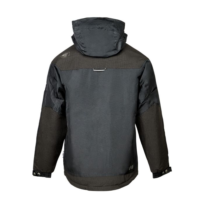Back view of a black and gray Apache Workwear rainproof jacket on a white background. Available at Kustom Workwear.