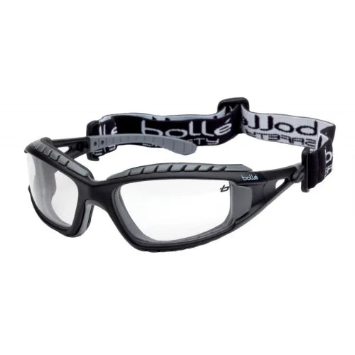 Black Bolle safety glasses with clear lenses on a white background. Available at Kustom Workwear.