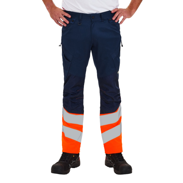 Navy work pants with orange and reflective gray stripes worn by a person on a white background. Front profile of Engel 2546-314 trousers showing functional cargo pockets.