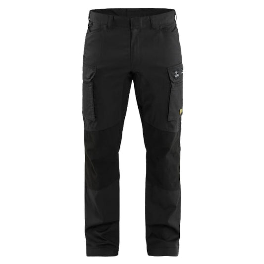 Front view of the Blaklader Stretch Flame Resistant Work Trousers 1486 in navy blue showing narrower fit, plastic zip fly and leg pockets.