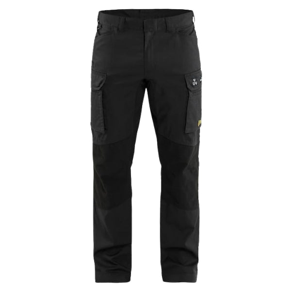 Front view of the Blaklader Stretch Flame Resistant Work Trousers 1486 in navy blue showing narrower fit, plastic zip fly and leg pockets.