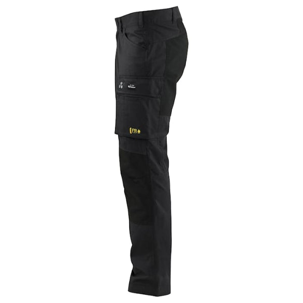 Left side view of the Blaklader Stretch Flame Resistant Work Trousers 1486 in navy highlighting bellow leg pocket with telephone and pen pocket.