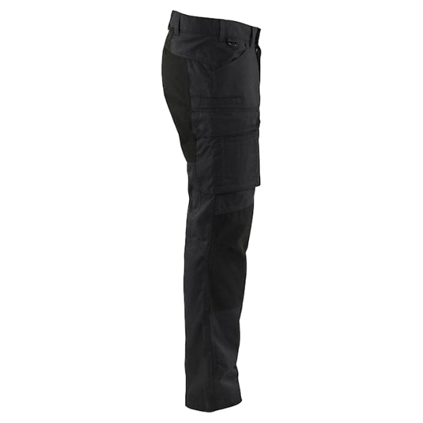 Right side view of the Blaklader Stretch Flame Resistant Work Trousers 1486 in navy highlighting bellow leg pocket with telephone and pen pocket.