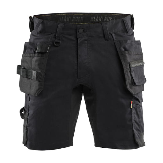 Front view of the Blaklader Craftsman Stretch Work Shorts 1752 in black, showing the 4-way stretch panels and reinforced tool pockets.