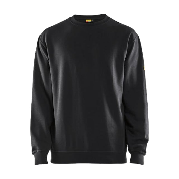 Front view of the Blaklader Inherent Flame Resistant Sweatshirt 3074 in navy blue showing round neck, rib-knit cuffs and ribbed hem.