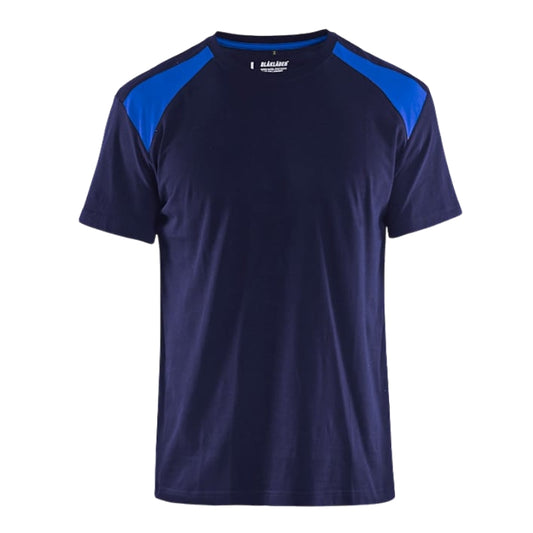 Front view of the Blaklader 3379 two‑tone T‑shirt in navy blue and corn blue, featuring reinforced seams and a crew neck on a white background.