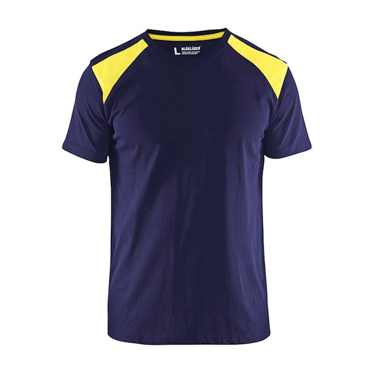 Front view of the Blaklader 3379 two-tone T-shirt in navy blue and hi-vis yellow, made from 100% cotton with reinforced seams, on a white background.