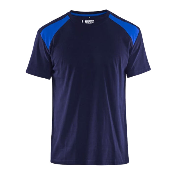 Front view of the Blaklader Workwear T-Shirt 3379 in Navy and Cornflower showing the two-tone crew neck design.
