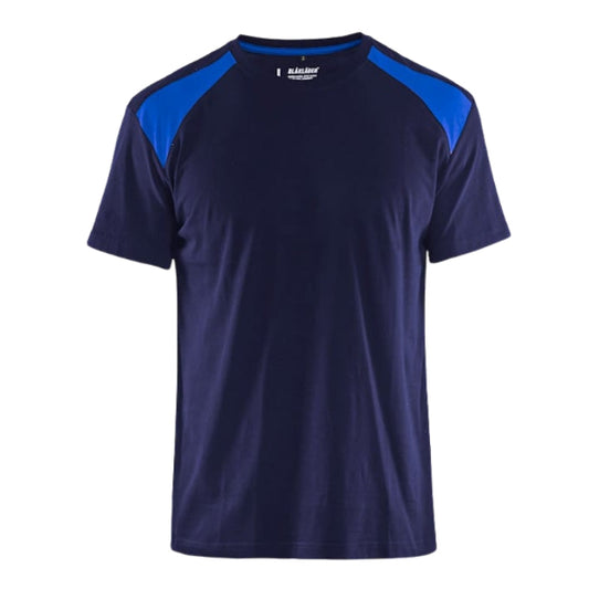 Front view of the Blaklader Workwear T-Shirt 3379 in Navy and Cornflower showing the two-tone crew neck design.