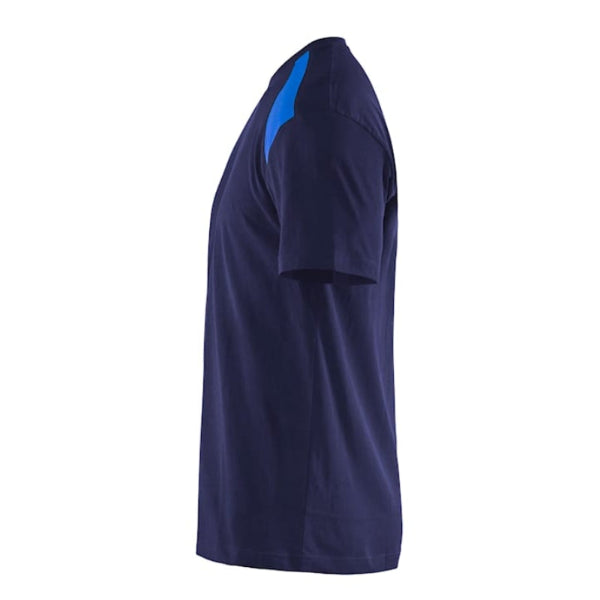 Left side view of the Blaklader 3379 t-shirt in Navy and Cornflower highlighting the short sleeve and shoulder yoke.