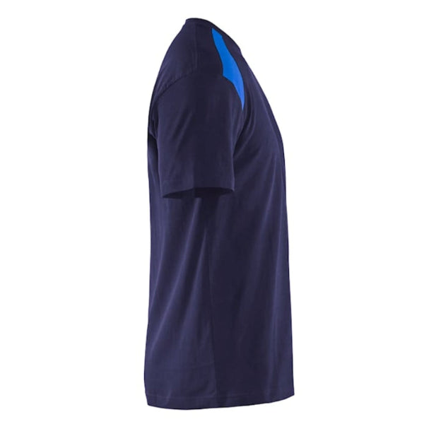 Right side view of the Blaklader 3379 workwear t-shirt in Navy and Cornflower showing the contrast shoulder panel.