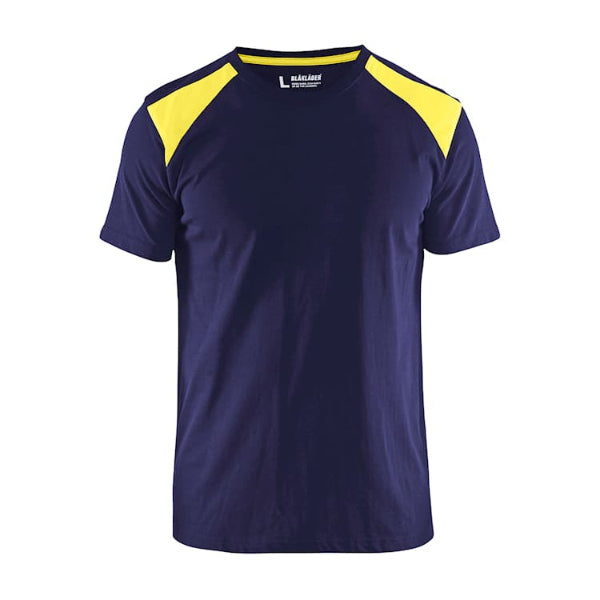Front view of the Blaklader Workwear T-Shirt 3379 in Navy and Hi-Vis Yellow showing the two-tone design and reinforced shoulder seams.