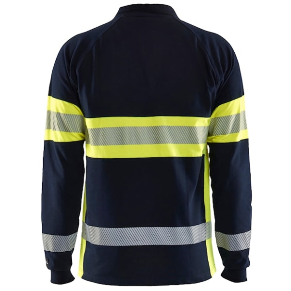 Back view of the Blaklader Hi-Vis Flame Resistant Long Sleeve Polo Shirt 3438 in navy and hi-vis yellow showing segmented reflective tape bands and long sleeve cut.