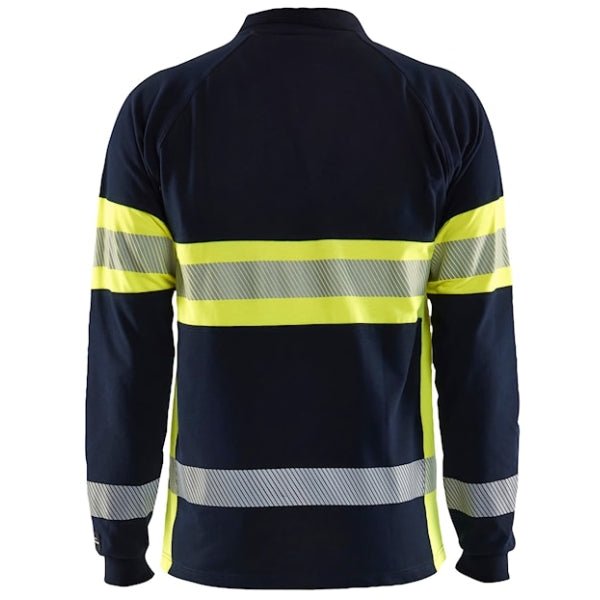 Back view of the Blaklader Hi-Vis Flame Resistant Long Sleeve Polo Shirt 3438 in navy and hi-vis yellow showing segmented reflective tape bands and long sleeve cut.