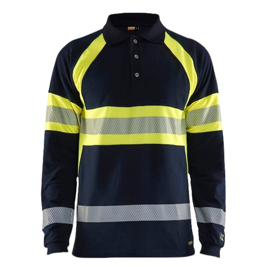 Front view of the Blaklader Hi-Vis Flame Resistant Long Sleeve Polo Shirt 3438 in navy and hi-vis yellow showing button neck opening, hi-vis panels and segmented reflective tape.