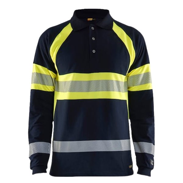 Front view of the Blaklader Hi-Vis Flame Resistant Long Sleeve Polo Shirt 3438 in navy and hi-vis yellow showing button neck opening, hi-vis panels and segmented reflective tape.