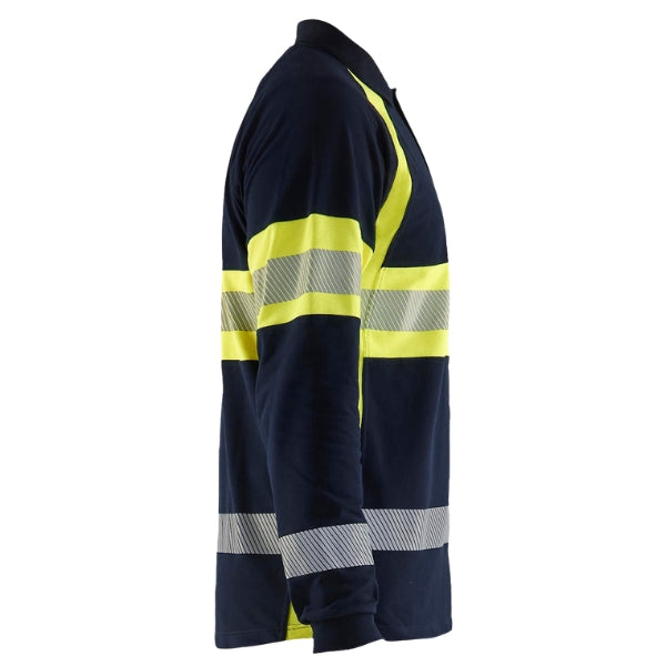 Left side view of the Blaklader 3438 Hi-Vis Flame Resistant Polo Shirt showing hi-vis yellow panel, reflective tape placement and elasticated cuff detail.