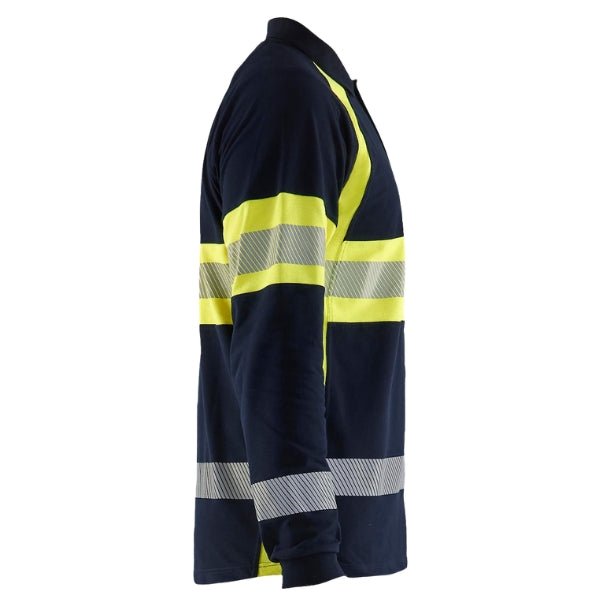 Left side view of the Blaklader 3438 Hi-Vis Flame Resistant Polo Shirt showing hi-vis yellow panel, reflective tape placement and elasticated cuff detail.