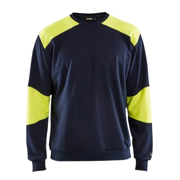 Front view of the Blaklader Hi-Vis Inherent Flame Resistant Sweatshirt 3458 in navy and hi-vis yellow showing round neck, rib-knit cuffs and ribbed hem.