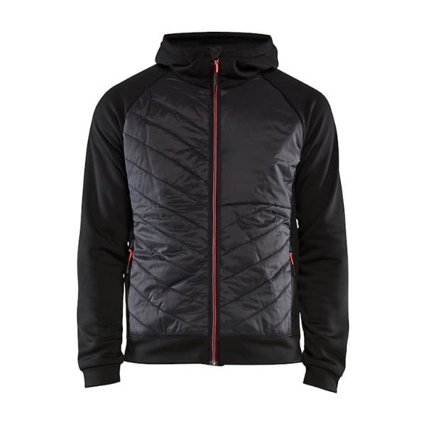 Front view of the Blaklader Hybrid Sweater 3463 in black and red featuring quilted front panel, softshell sleeves and hooded design.
